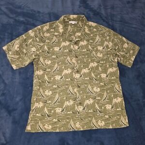 Reyn Spooner Uniqlo Mens Hawaiian Shirt Olive Green Sailboat Palm Tree Print M